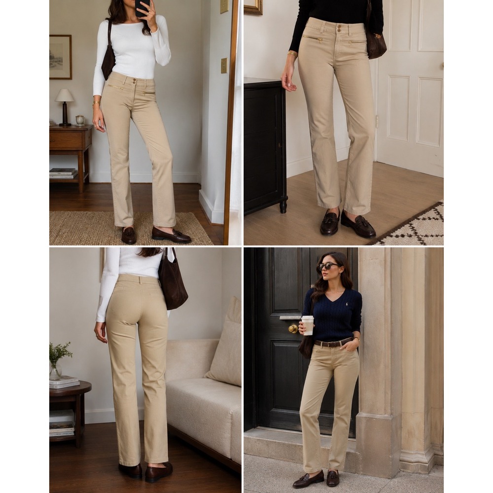 Lauren Ralph Lauren Tan Khaki Straight Leg Chino Pants Gold Zip Detail Size 4